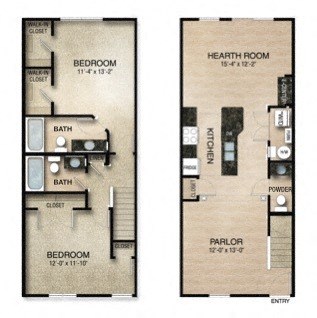 Floor plan for 2 beds, 2.5 baths, 1250 sqft
